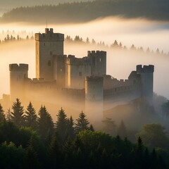 Misty Sunrise Illuminates Ancient Castle Amidst Forest
