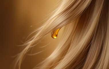 Golden Oil Drop on Blonde Hair Strand