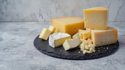 Assorted cheese varieties displayed on a dark slate platter, featuring creamy, crumbly, and aged textures, showcasing a gourmet selection for culinary enthusiasts and food lovers