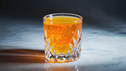 Crystal glass filled with vibrant orange beverage, showcasing bubbles and reflections, placed on a smooth marble surface, creating an inviting and refreshing atmosphere