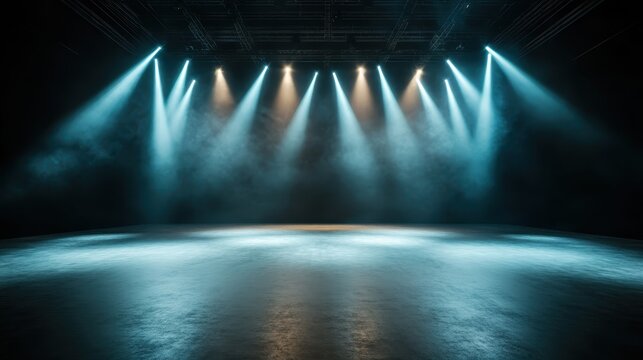 A dramatic view of professional stage lighting illuminating an empty performance space, creating an atmospheric and suspenseful setting ready for an upcoming show.