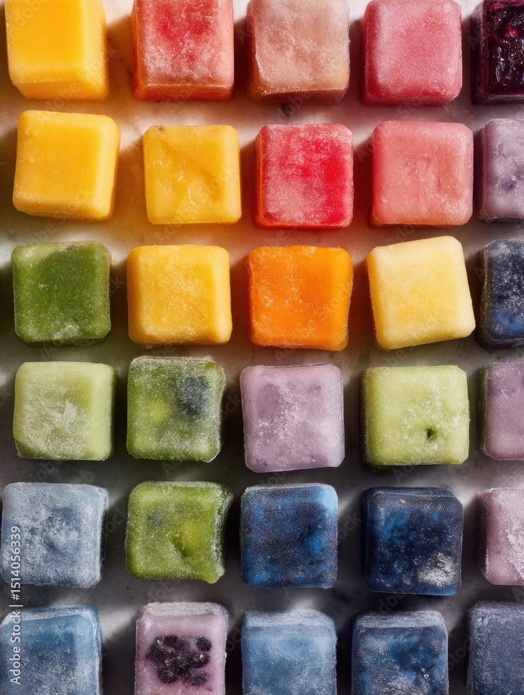 Poster vibrant frozen smoothie cubes arranged by color in an organized pattern at a kitchen counter