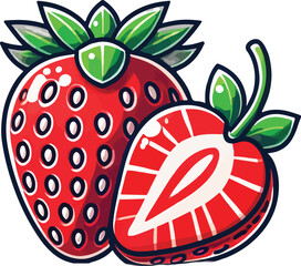 Vibrant cartoon illustration of a whole strawberry and a cut section on a white background