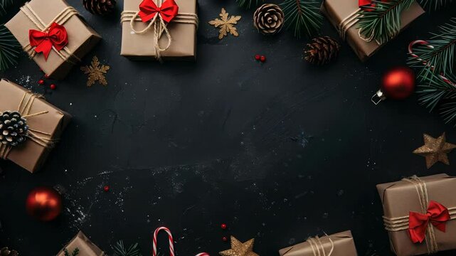 Festive Holiday Arrangement. Dark background with gifts, ornaments, pinecones, and candy canes arranged in a festive composition, perfect for seasonal greetings and decorations.