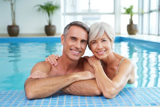 A joyful couple relaxes together at an indoor swimming pool. Their warm smiles reflect love and happiness as they embrace surrounded by tranquil water and bright sunlight.