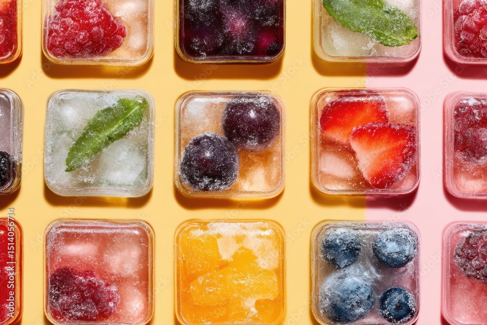 Poster Frozen Snack Assortment Arranged in a Geometric Pattern Highlighting Vibrant Colors and Textures Ideal for a Refreshing Treat