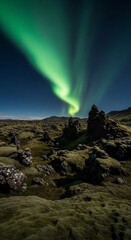 Mossy Lava Field Underneath Dancing Aurora Borealis