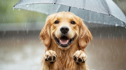 A joyful golden retriever happily poses under an umbrella, showcasing its playful demeanor despite the rain, embodying companionship and joy even in dreary weather.