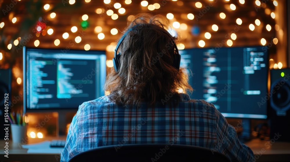 Poster a focused programmer is immersed in coding, surrounded by dual monitors and warm, ambient lights, sh