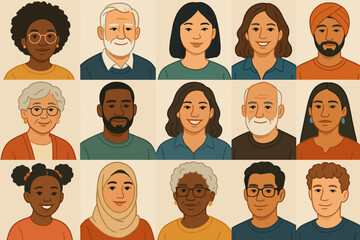 Diverse avatar collection. Flat illustration portraits of people. Multiethnic faces representing different ages, genders & cultures. Community, inclusion, user profiles, team members icons.
