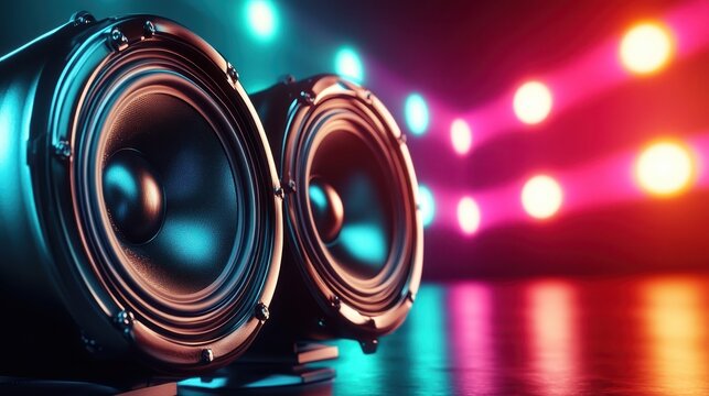 Two robust bass speakers radiate powerful sound, perfectly illuminated by colorful lights, capturing the essence of a lively music environment and the thrill of nightlife.