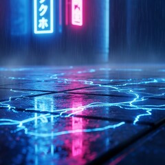 Neon Rain on a Futuristic Pavement at Night