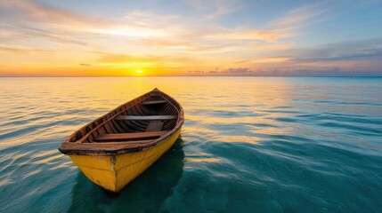 Naklejka premium A picturesque yellow boat gently floating on tranquil waters during a vibrant sunset, capturing the essence of peaceful solitude and nature's beauty.