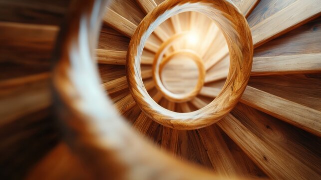 A stunning view of a spiral wooden staircase from above, showcasing the intricate design and flowing curves that create an elegant architectural feature in any space.