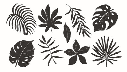 Collection of hand-drawn tropical leaves and flowers with grunge texture. Botanical vector elements in rustic vintage style. Perfect for eco prints, natural branding, and summer patterns.