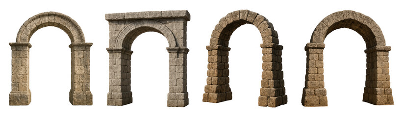 Fototapeta premium Collection of Four Unique Architectural Stone Arches with Diverse Textures and Designs, Perfect for 3D Models or Visual Presentations, Isolated on Transparent and White Background