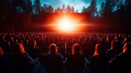 A large audience is captured in a darkened theater, intently focused on a vibrant light emanating from the screen, symbolizing the magic of cinematic experiences.