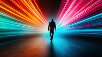 A captivating silhouette of a person walking towards vibrant abstract lights, symbolizing movement and the infinite possibilities that technology and imagination can offer.