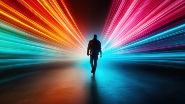 A captivating silhouette of a person walking towards vibrant abstract lights, symbolizing movement and the infinite possibilities that technology and imagination can offer. - Powered by Adobe