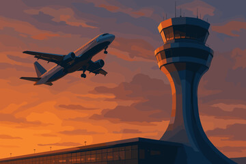 Jetliner Taking Off at Golden Dusk with Control Tower. Commercial Aviation. Modern Airport. Passenger Plane Ascending into the Sunset Sky. Air Travel and Transportation.