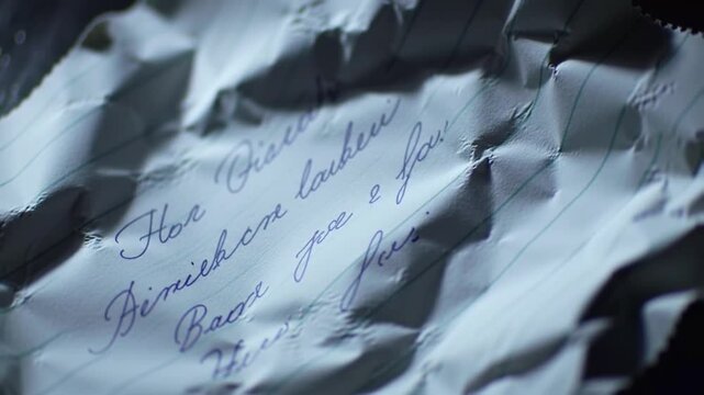 Crumpled Sheet Shows Lined Notebook Paper with Blue Handwritten Script on Dark Table High Angle Close Up