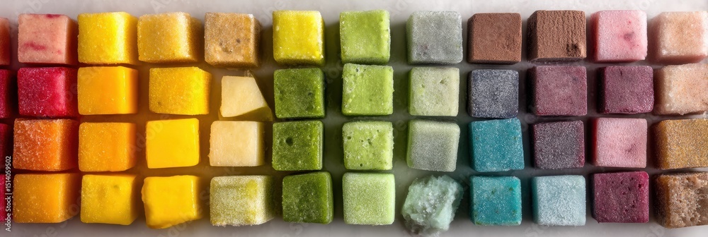 Poster colorful frozen smoothie cubes arranged in a neat layout ready for blending or serving