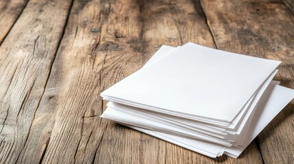 Fototapeta premium A neatly stacked pile of blank white paper resting on a rustic wooden surface, ideal for creativity, sketching, or illustrating design concepts, evoking a sense of simplicity.