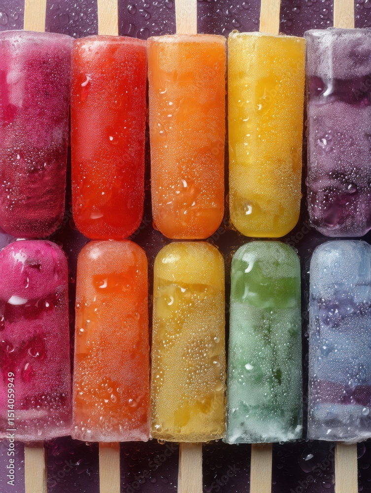 Poster brightly colored frozen popsicles arranged in a grid showcasing various vibrant flavors and textures