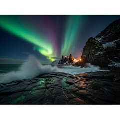 Northern Lights Dance Over Rocky Coastline at Night