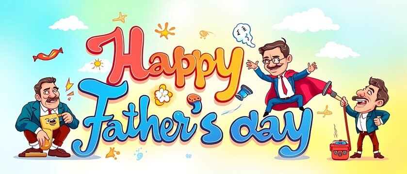 Colorful illustration celebrating happy father's day with cartoon fathers and decorative elements across a vibrant background.