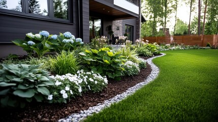 Naklejka premium A picturesque garden filled with colorful flowers and greenery, showcasing vibrant blooms alongside manicured lawns, blending nature's beauty with artistic landscape design.