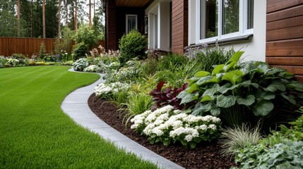 Naklejka premium A neatly designed garden featuring a curved pathway bordered by lush greenery, presenting an inviting and serene outdoor environment perfect for relaxation or gatherings.