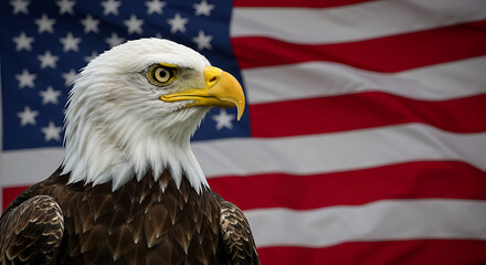 Bald eagle portrait against an American flag backdrop.