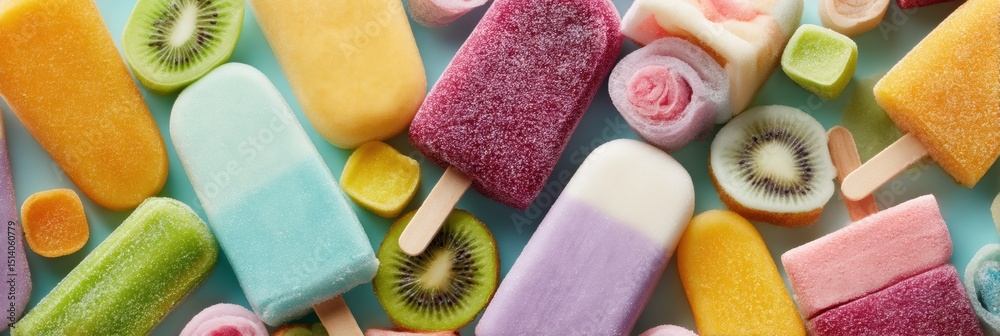 Poster Frozen Snack Assortment Arranged in a Geometric Pattern Featuring Vibrant Colors and a Minimal Top Zone for an Appealing Visual Display
