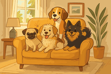 Dogs on armchair. Cute cartoon pets. Diverse breeds illustration. Pug, beagle, terrier, spitz. Happy animal family sitting together in cozy living room. Pet companionship. Domestic life.