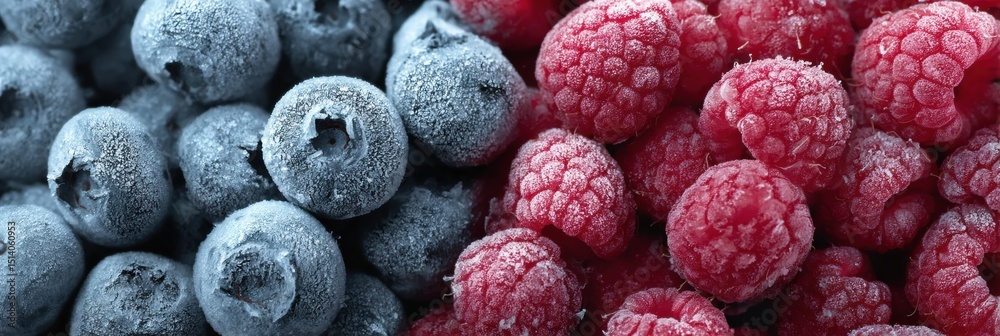 Poster frost-covered blueberries and raspberries create a striking winter display with vibrant colors and i