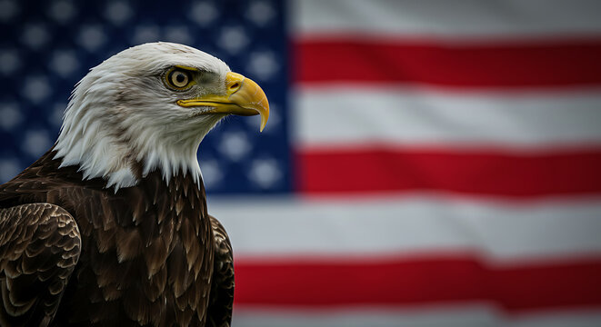 A majestic bald eagle with piercing eyes is perched, showcasing its powerful presence against the backdrop of the American flag, symbolizing freedom and national pride.