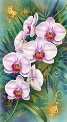 Detailed illustration of vibrant pink and white orchids amidst lush greenery and golden accents