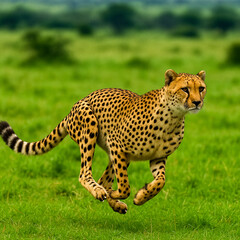 Fototapeta premium African cheetah running fast across green savannah landscape