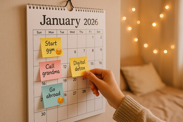 Hand placing sticky notes with goals on January 2026 wall calendar