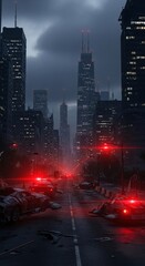 Post-Apocalyptic Cityscape with Destroyed Cars and Red Lights Under a Gloomy Sky