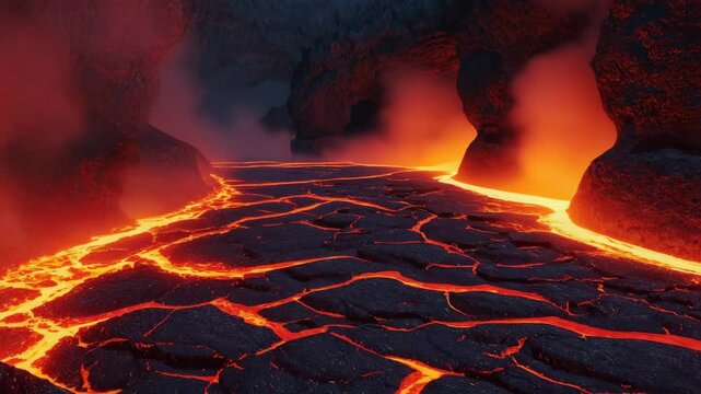 Molten Lava Flowing in Dark Cave Hellscape Landscape