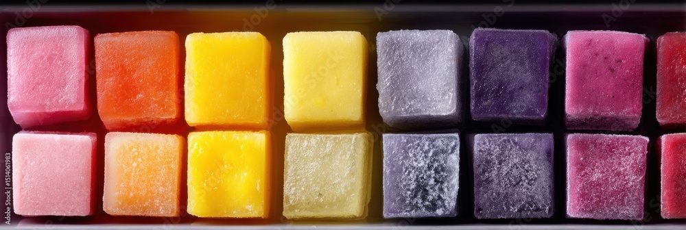 Poster frozen smoothie cubes arranged by color with vibrant hues and open top display in a modern kitchen s