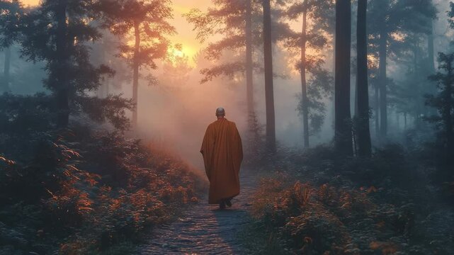 Monk walking peacefully in misty forest at sunrise