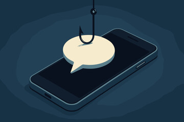 Cyber scam symbolism: Phishing attack concept with fishing hook baiting speech bubble on smartphone. Online fraud, data theft, internet security risk, digital deception illustration.