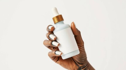 A dark-skinned hand holds a small, light-blue bottle with a gold dropper top and blank white label.  White and black nail art decorates the hand.  Studio shot on a white background