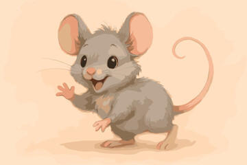 Adorable Grey Mouse Cartoon Character. Playful Rodent with Big Ears and a Curly Tail. Cute Animal Illustration. Happy Mouse. Cheerful Mascot. Wildlife Vector.