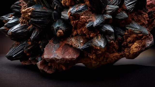 Cluster of shiny black acicular crystals growing on matrix mineral, dark stone setting, close up macro of natural ore sample