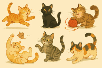 Adorable Cartoon Cats Set: Playful Kittens in Various Poses. Ginger, Black, Tabby, Calico Feline Friends with Yarn & Mouse. Cute Hand-Drawn Pet Animal Illustrations for Children's Designs.