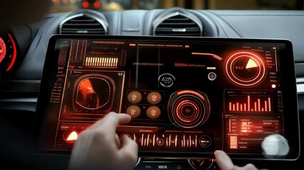 Modern car interior featuring an advanced digital dashboard with luminous red interface being operated by a hand, futuristic technology - Powered by Adobe